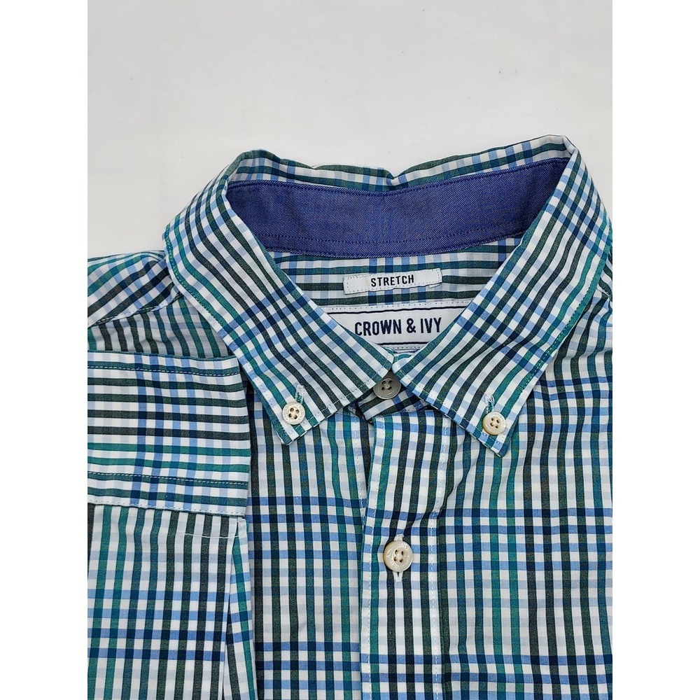 Crown & Ivy Mens Medium Stretch Plaid Button Down Shirt Blue Green